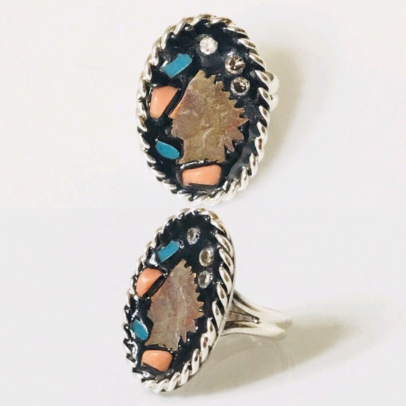 Sterling Silver Turquoise Diamond Indian Head Ring - Picture 2 of 8